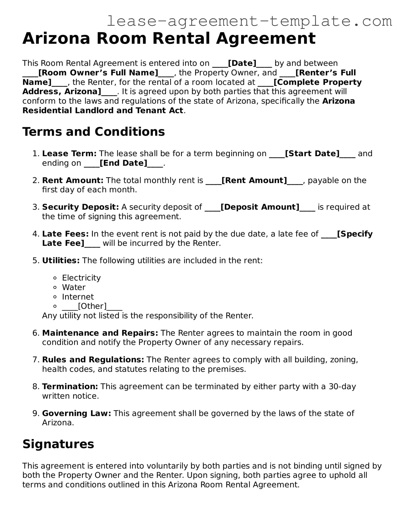 Attorney-Approved Arizona Room Rental Agreement Form