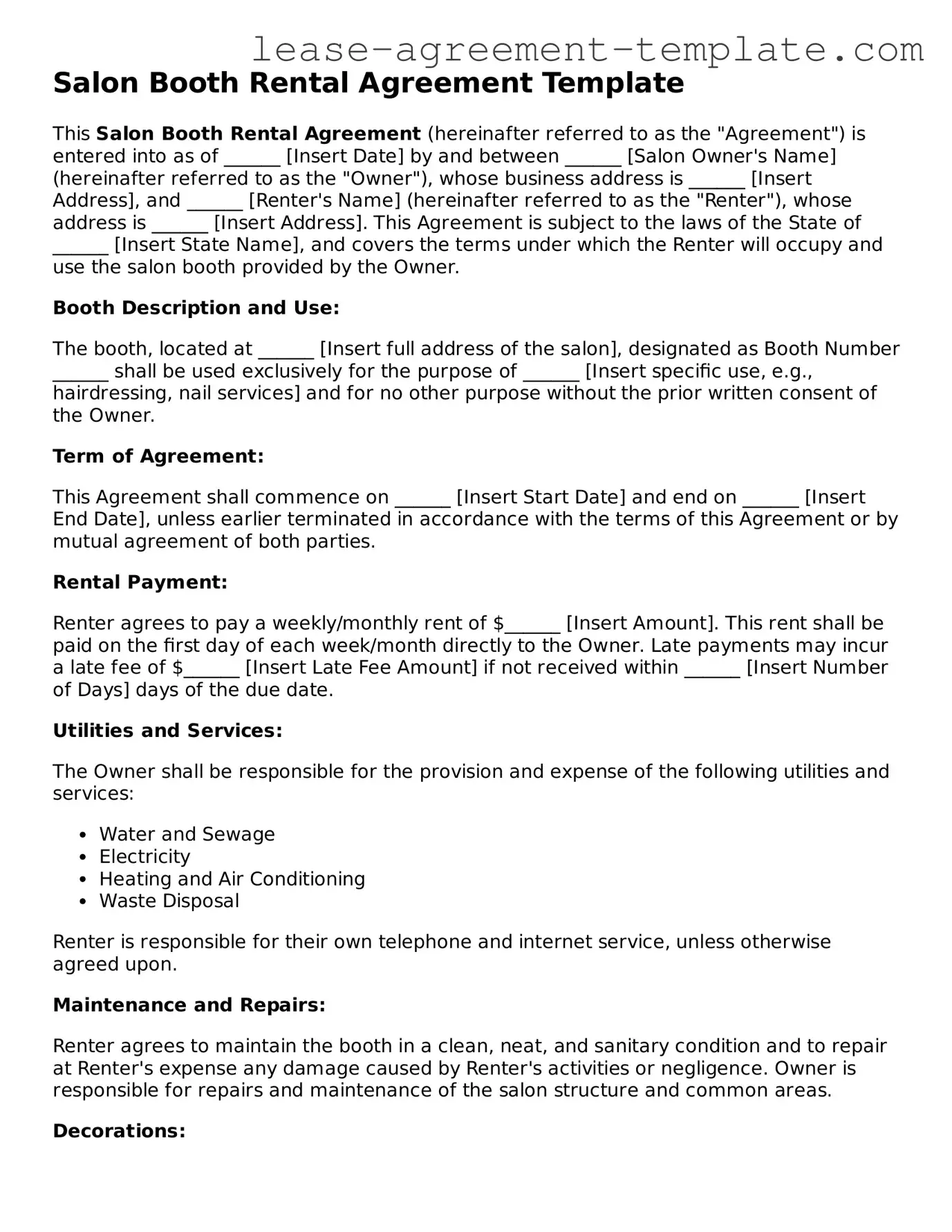 Legal Salon Booth Rental Agreement Document