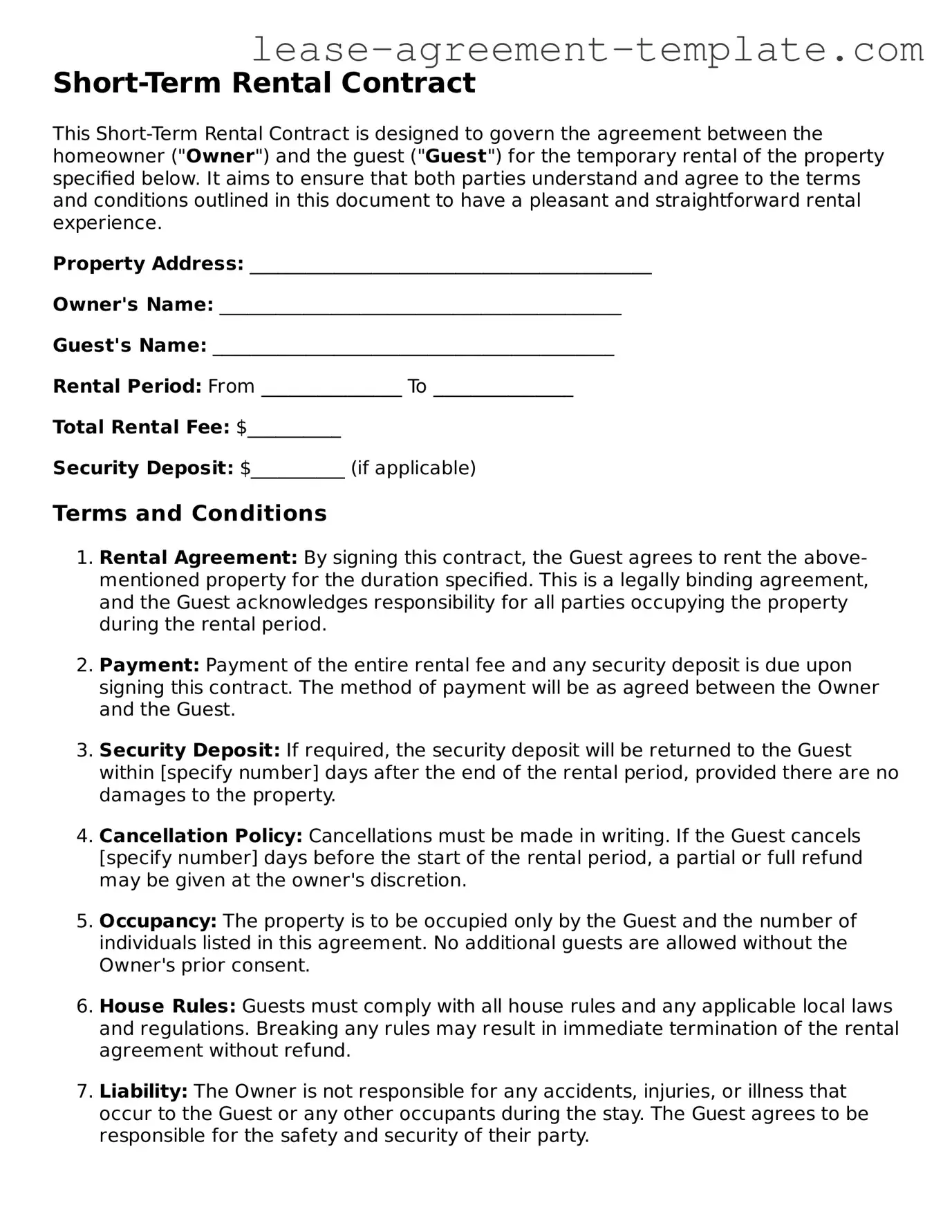 Legal Short-Term Rental Contract Document