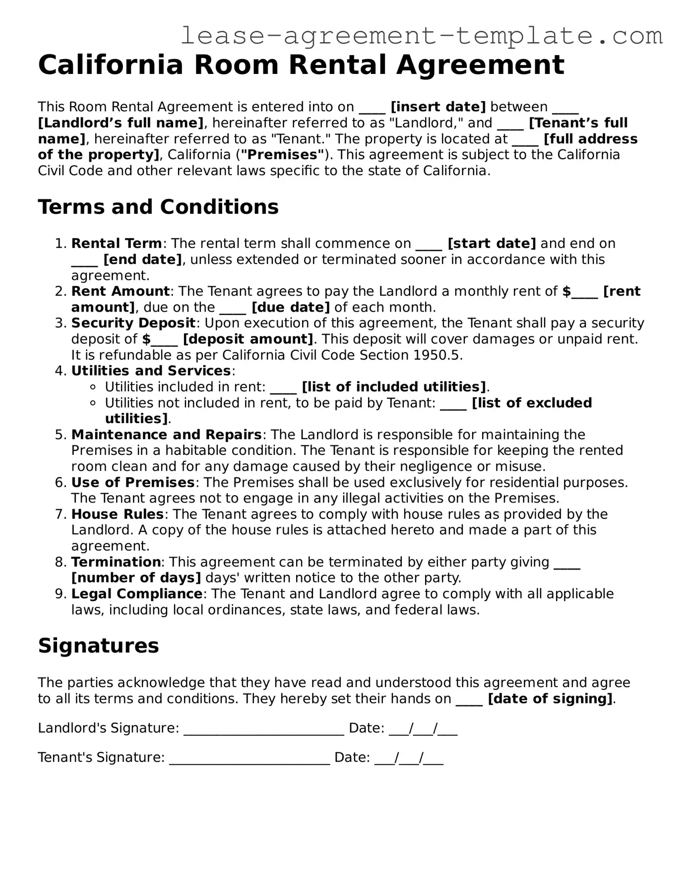 Attorney-Approved California Room Rental Agreement Form
