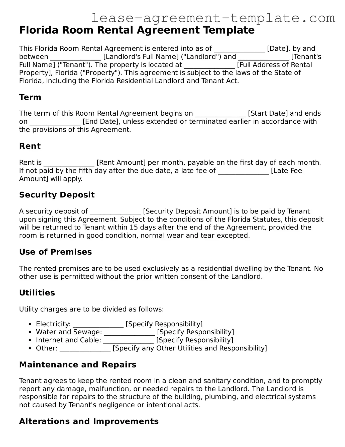 Attorney-Approved Florida Room Rental Agreement Form