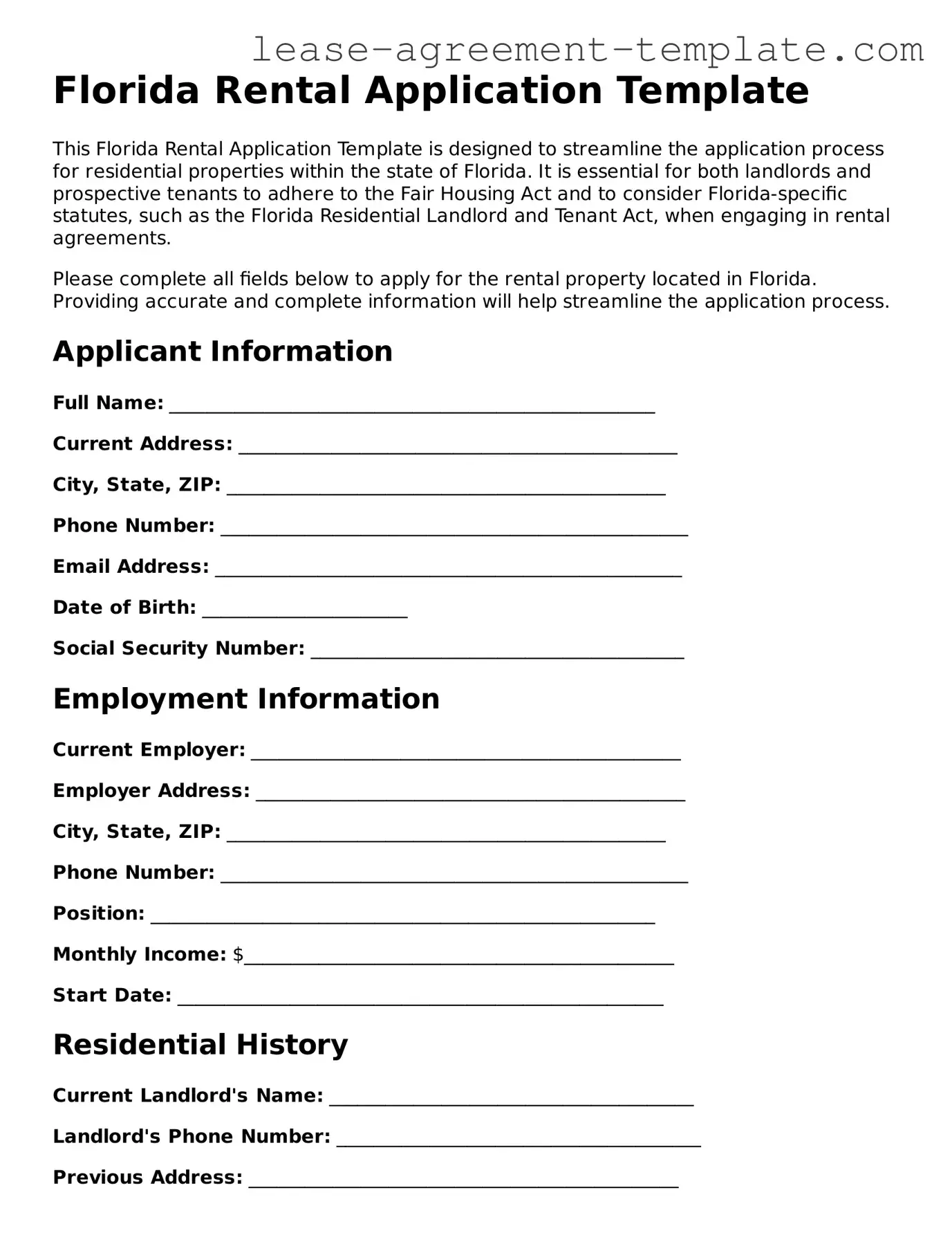 Attorney-Approved Florida Rental Application Form