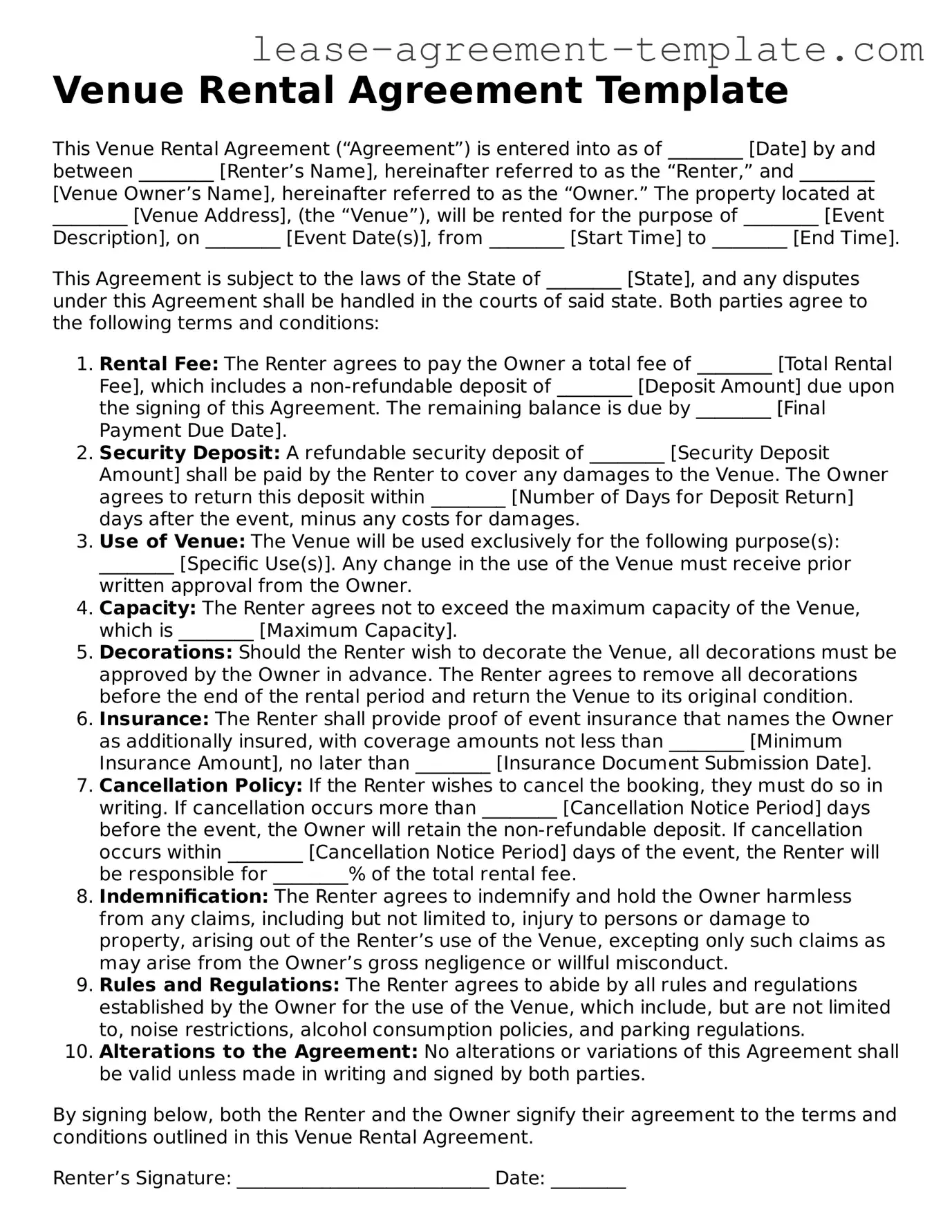 Legal Venue Rental Agreement Document