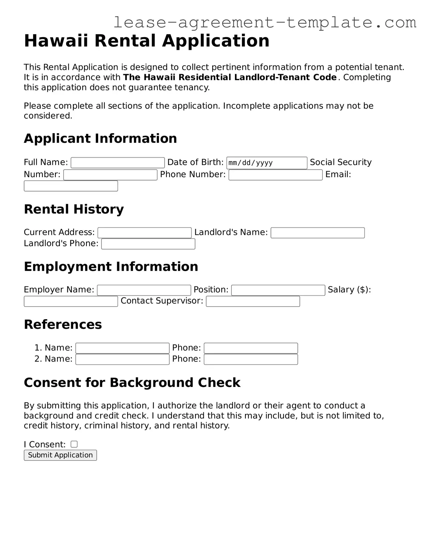 Attorney-Approved Hawaii Rental Application Form