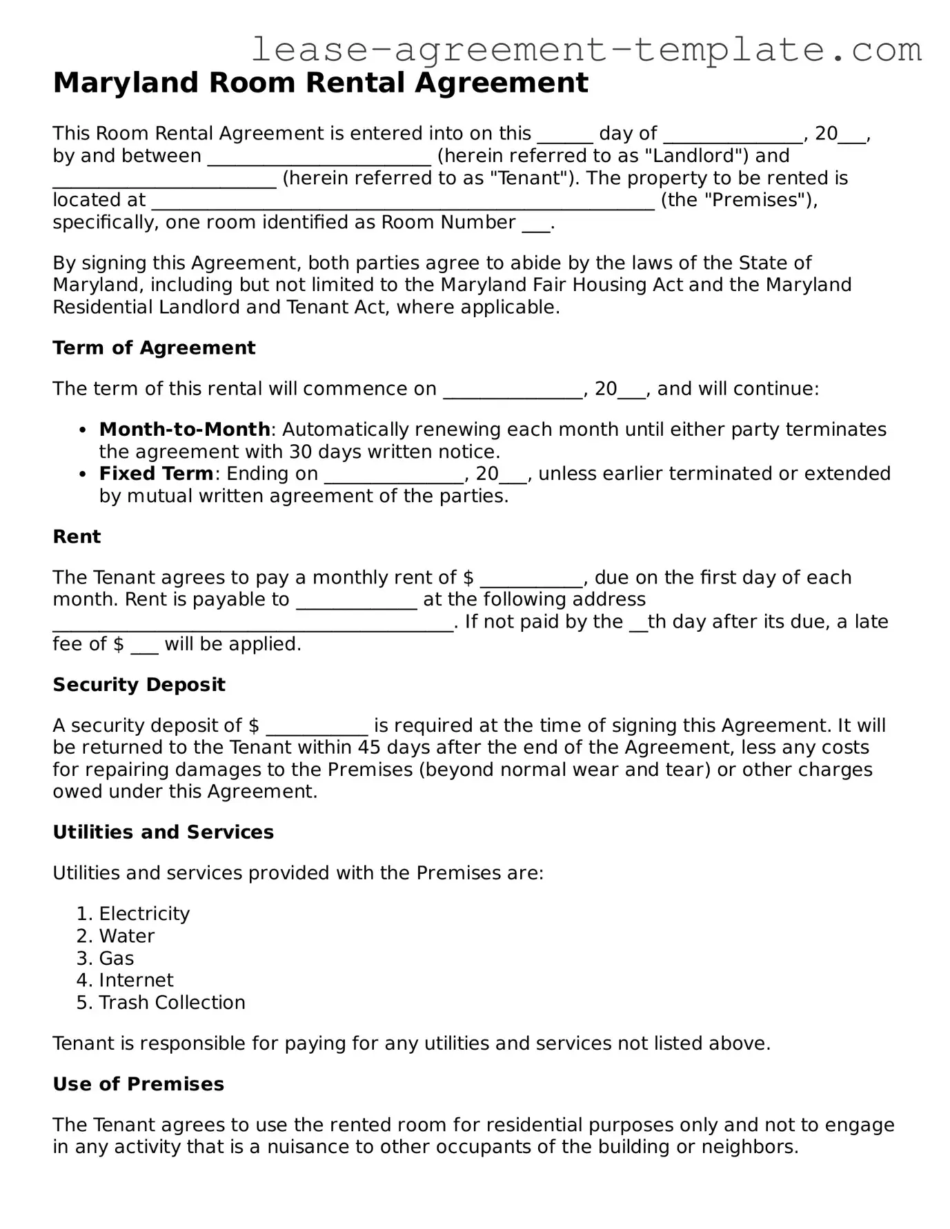 Attorney-Approved Maryland Room Rental Agreement Form