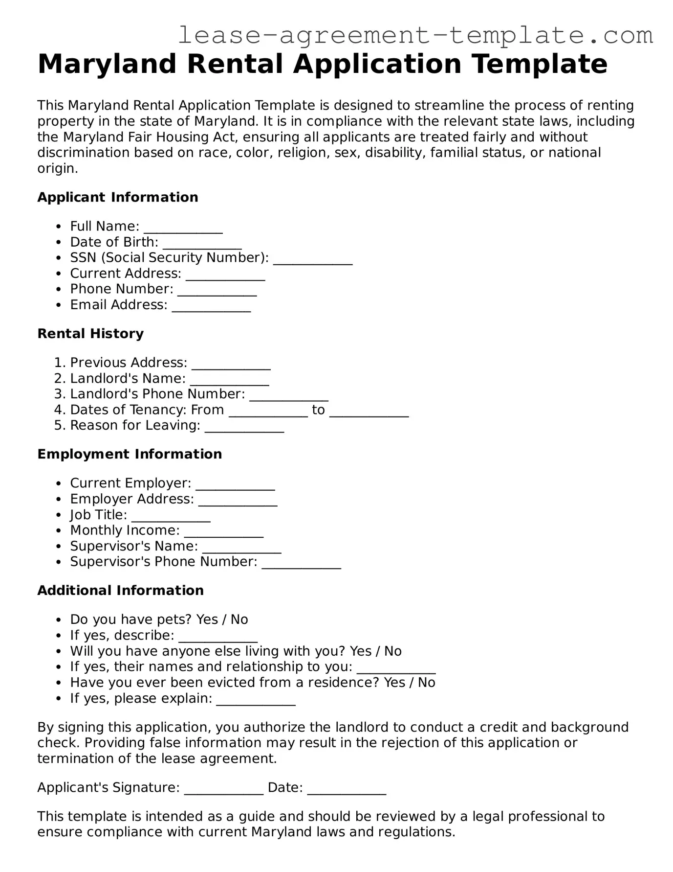 Attorney-Approved Maryland Rental Application Form