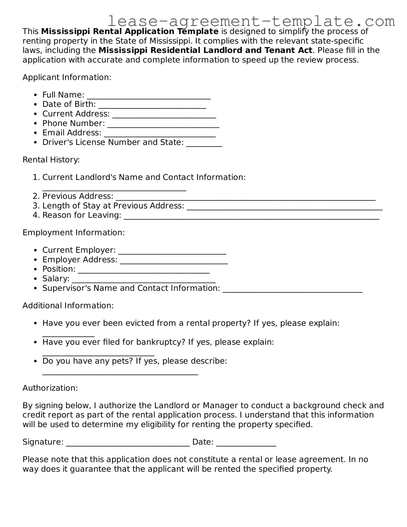 Attorney-Approved Mississippi Rental Application Form