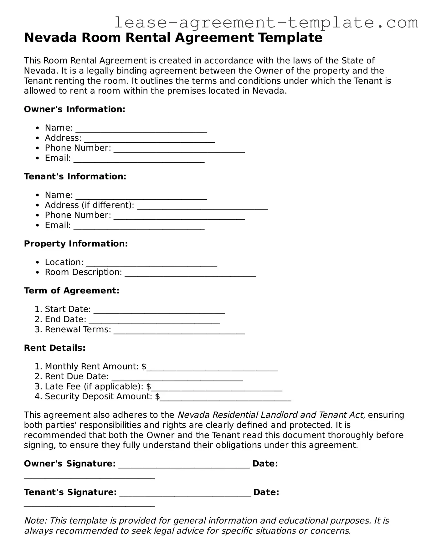 Attorney-Approved Nevada Room Rental Agreement Form