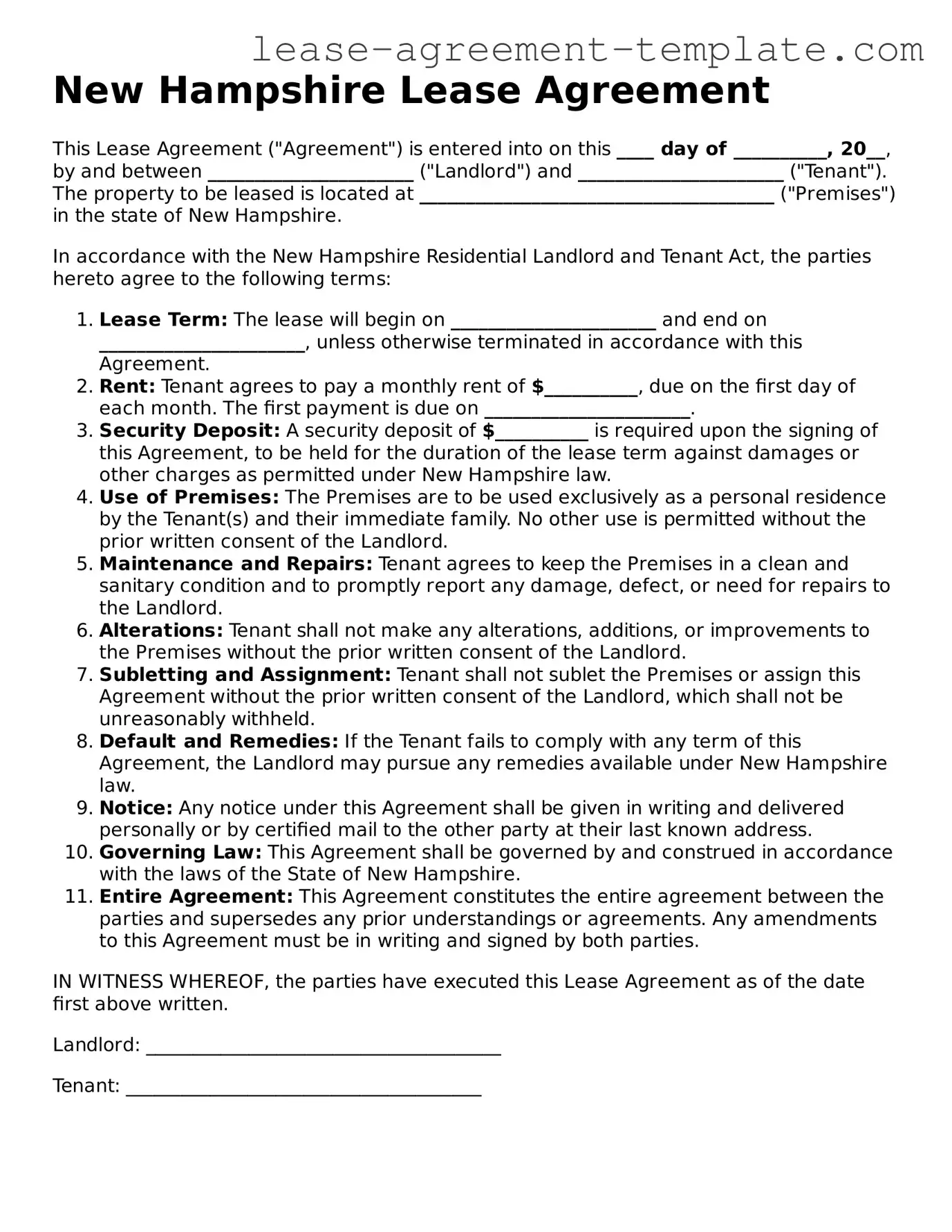 Attorney-Approved New Hampshire Lease Agreement Form