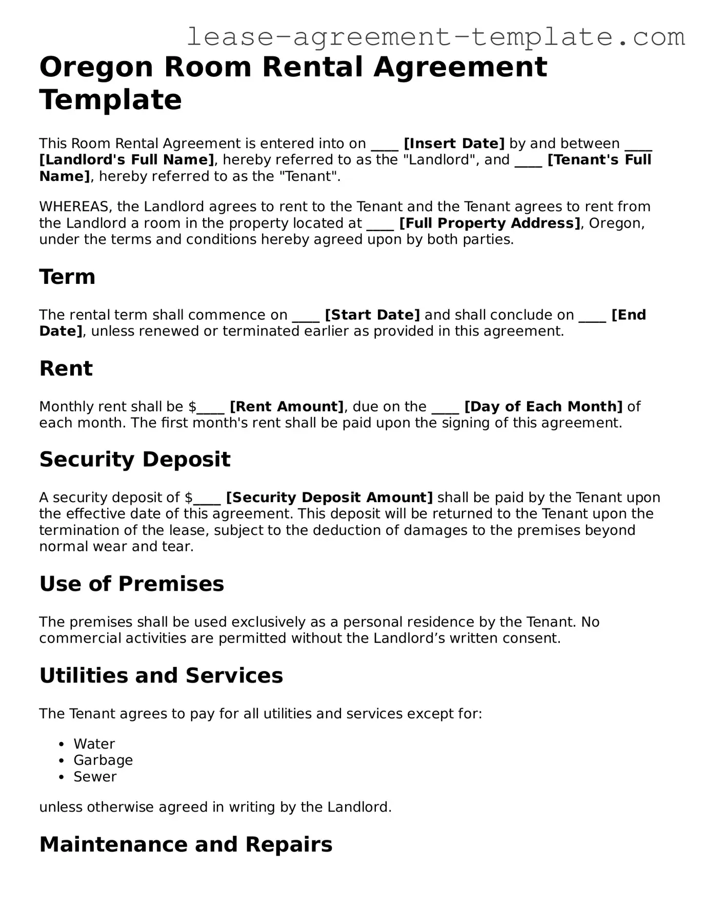 Attorney-Approved Oregon Room Rental Agreement Form