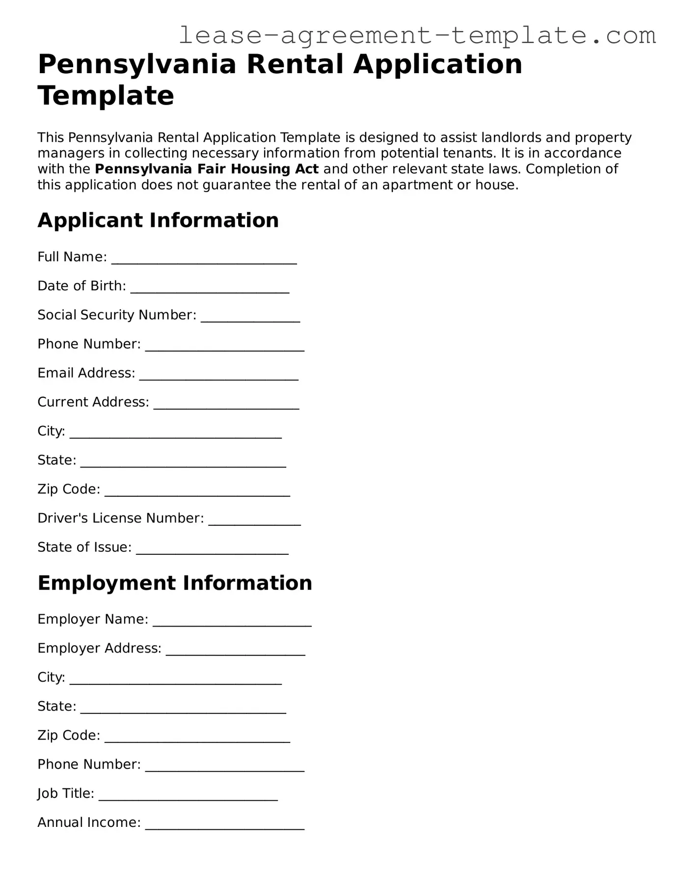 Attorney-Approved Pennsylvania Rental Application Form