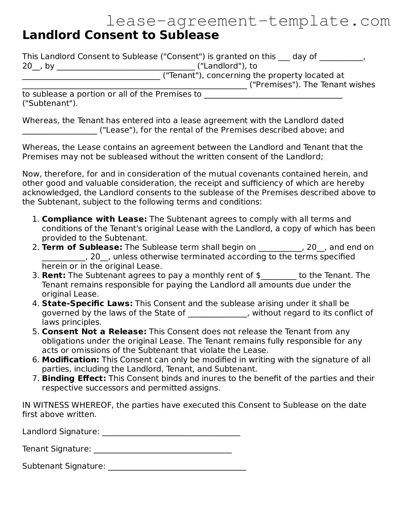 Legal Landlord Consent to Sublease Document
