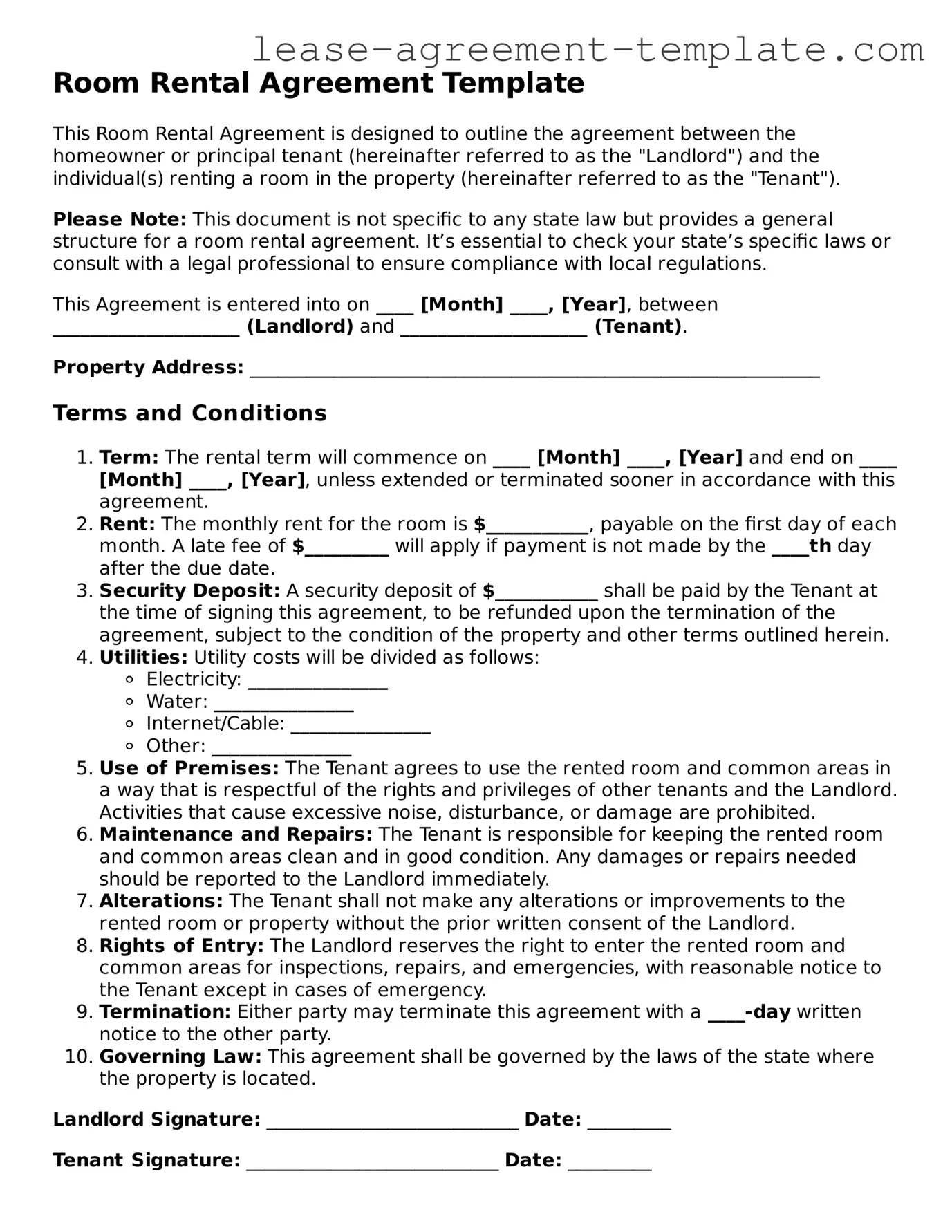 Legal Room Rental Agreement Document