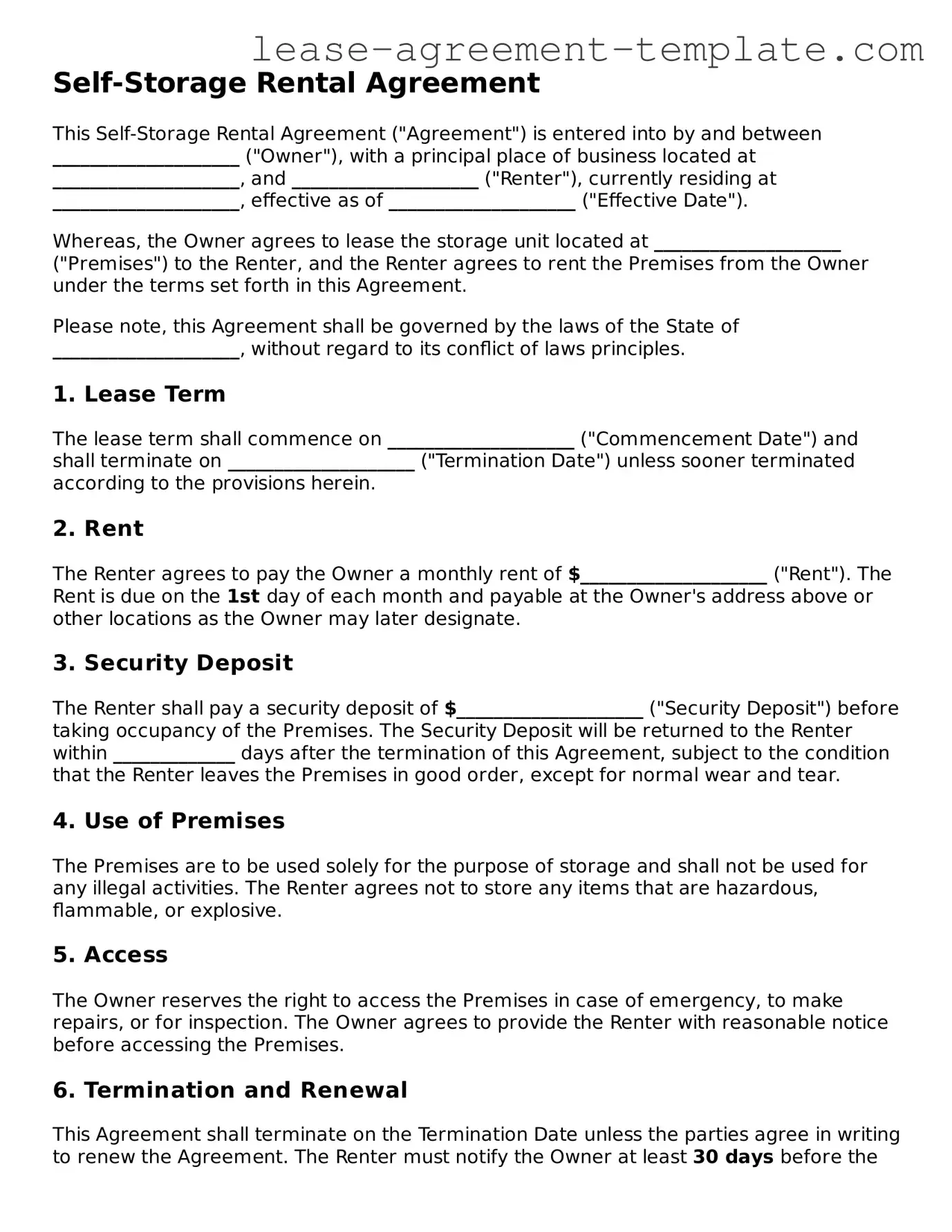 Legal Self-Storage Rental Agreement Document