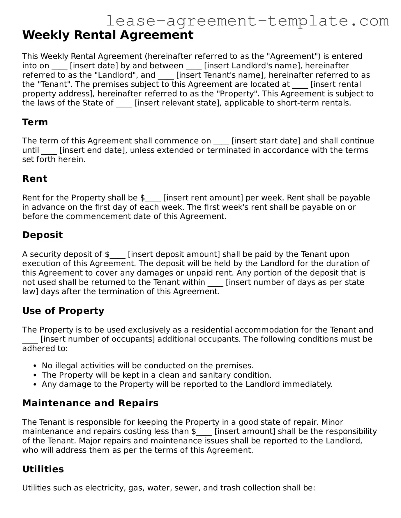 Legal Weekly Rental Agreement Document