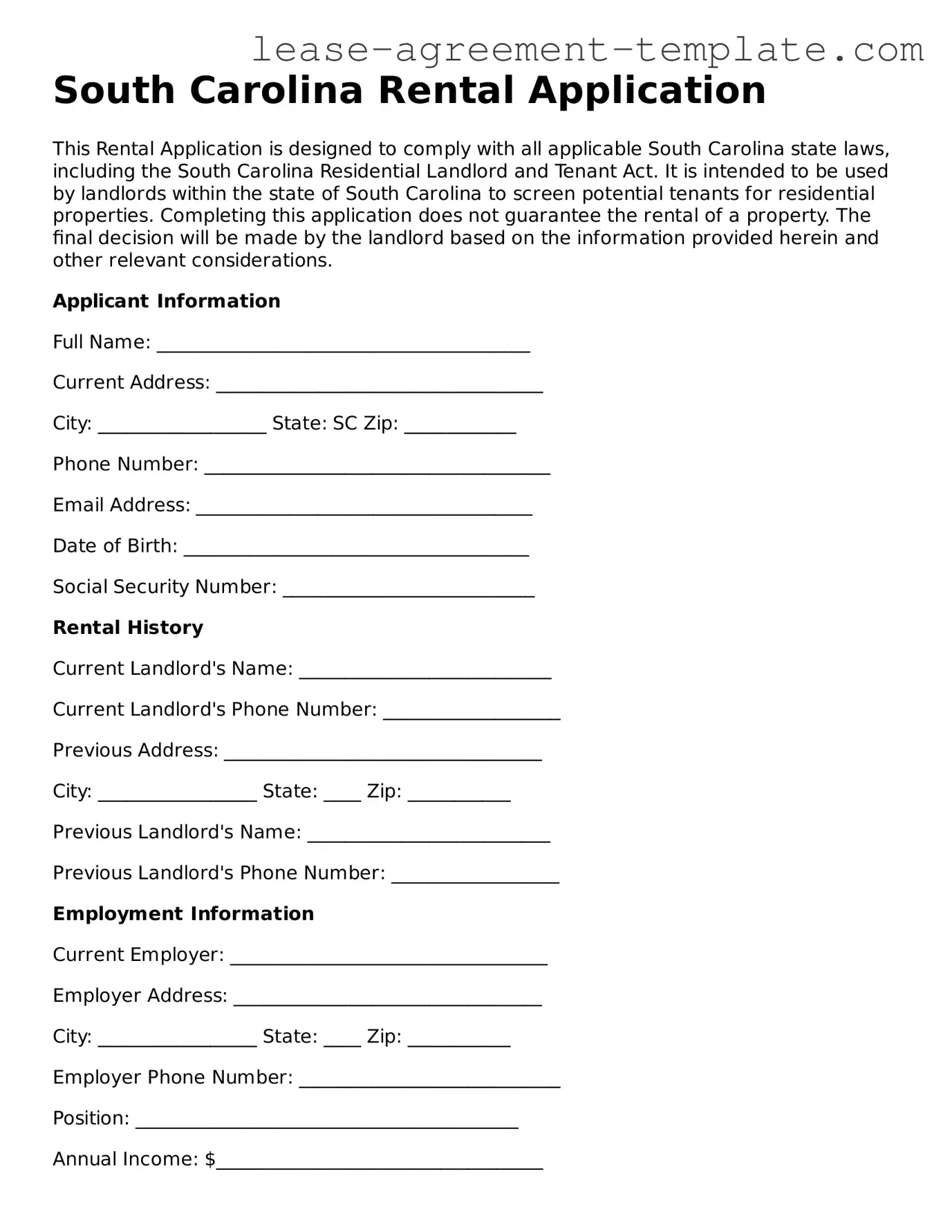 Attorney-Approved South Carolina Rental Application Form