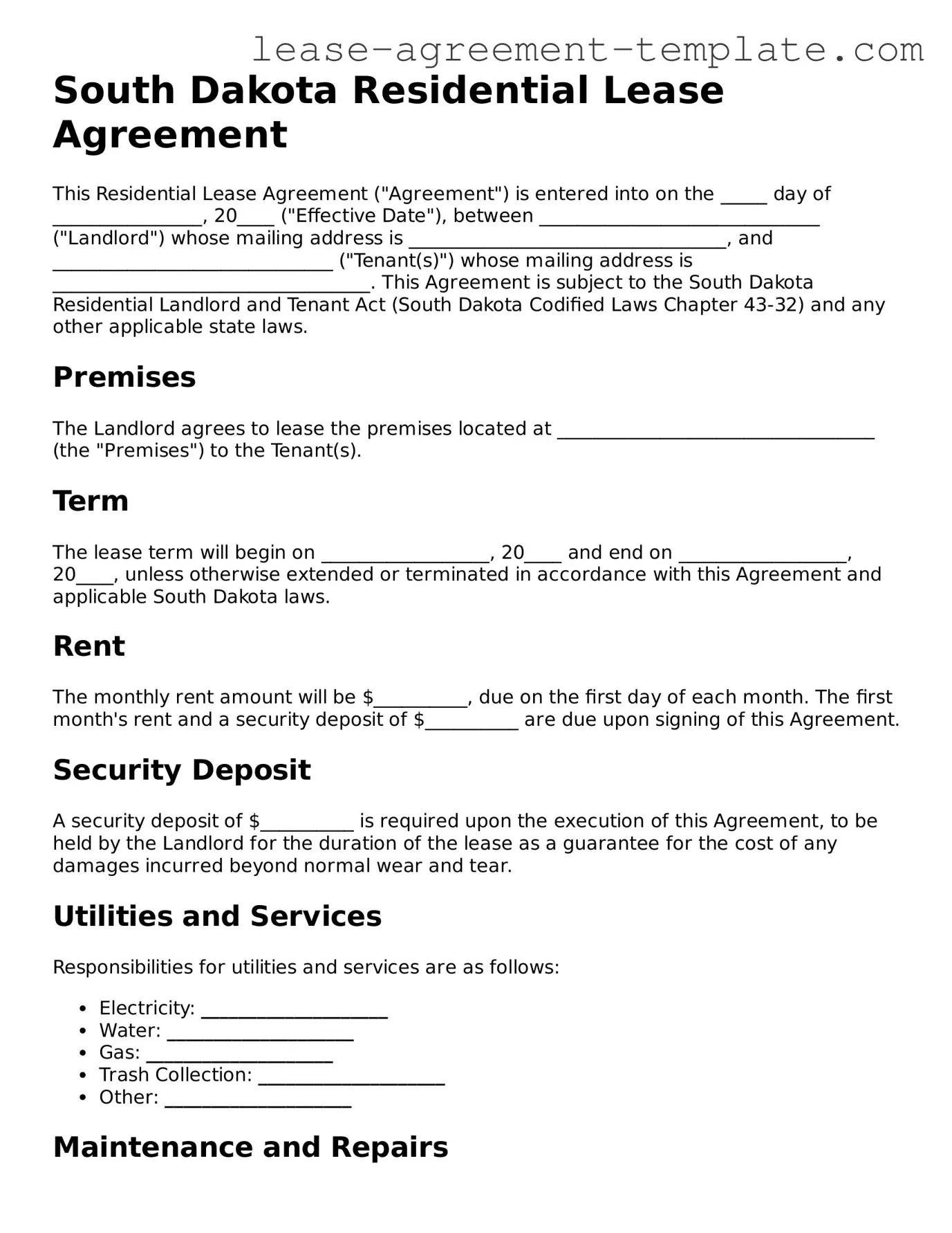 Attorney-Approved South Dakota Residential Lease Agreement Form