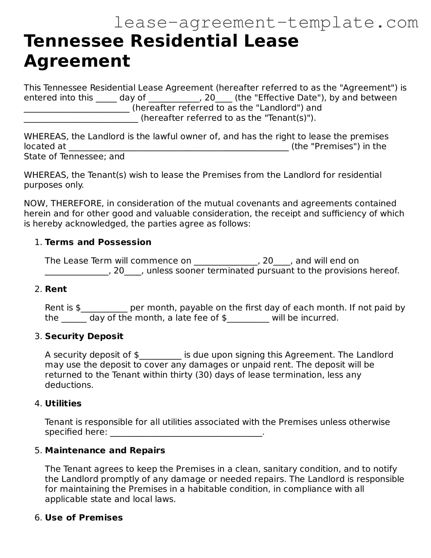 Attorney-Approved Tennessee Residential Lease Agreement Form