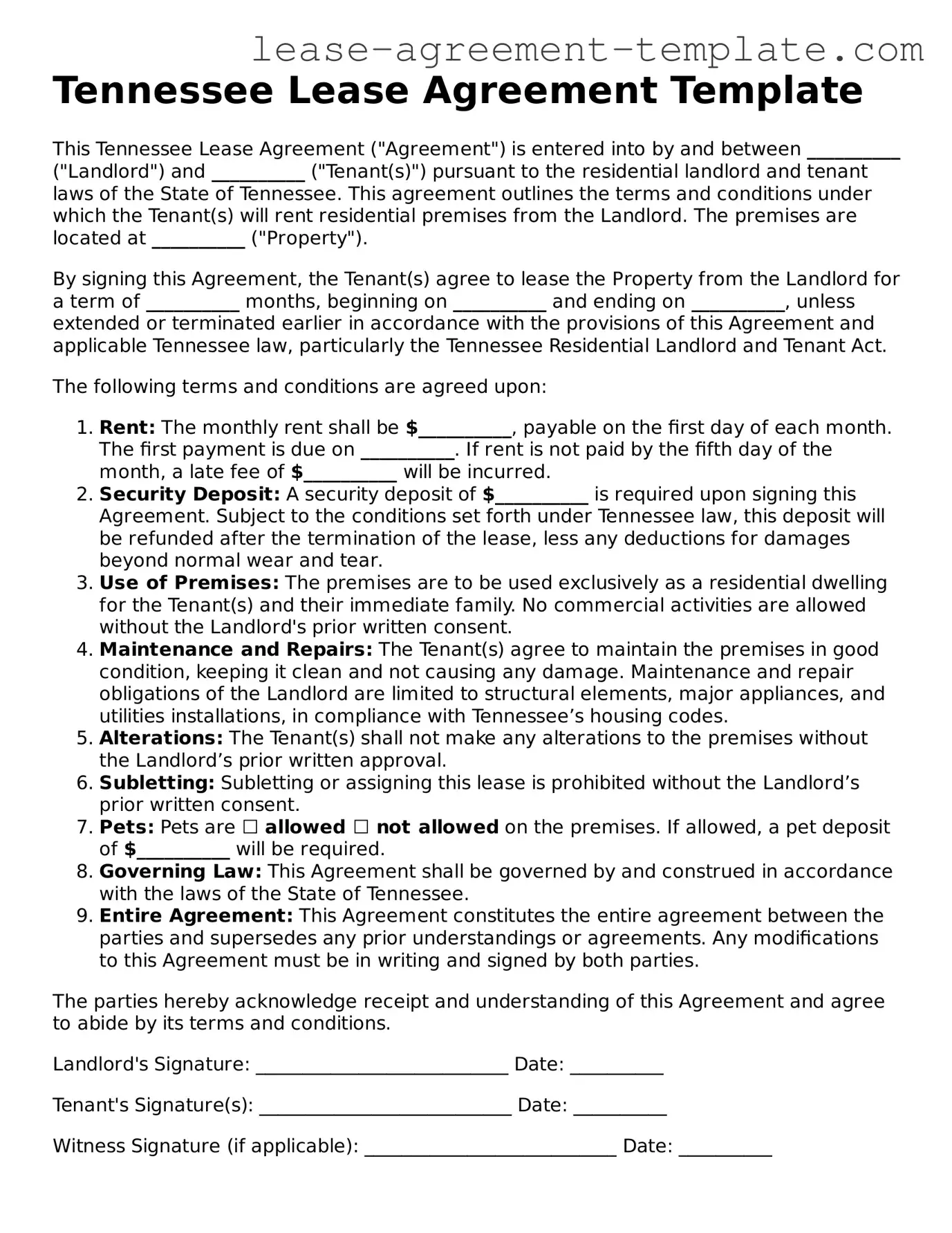 Attorney-Approved Tennessee Lease Agreement Form