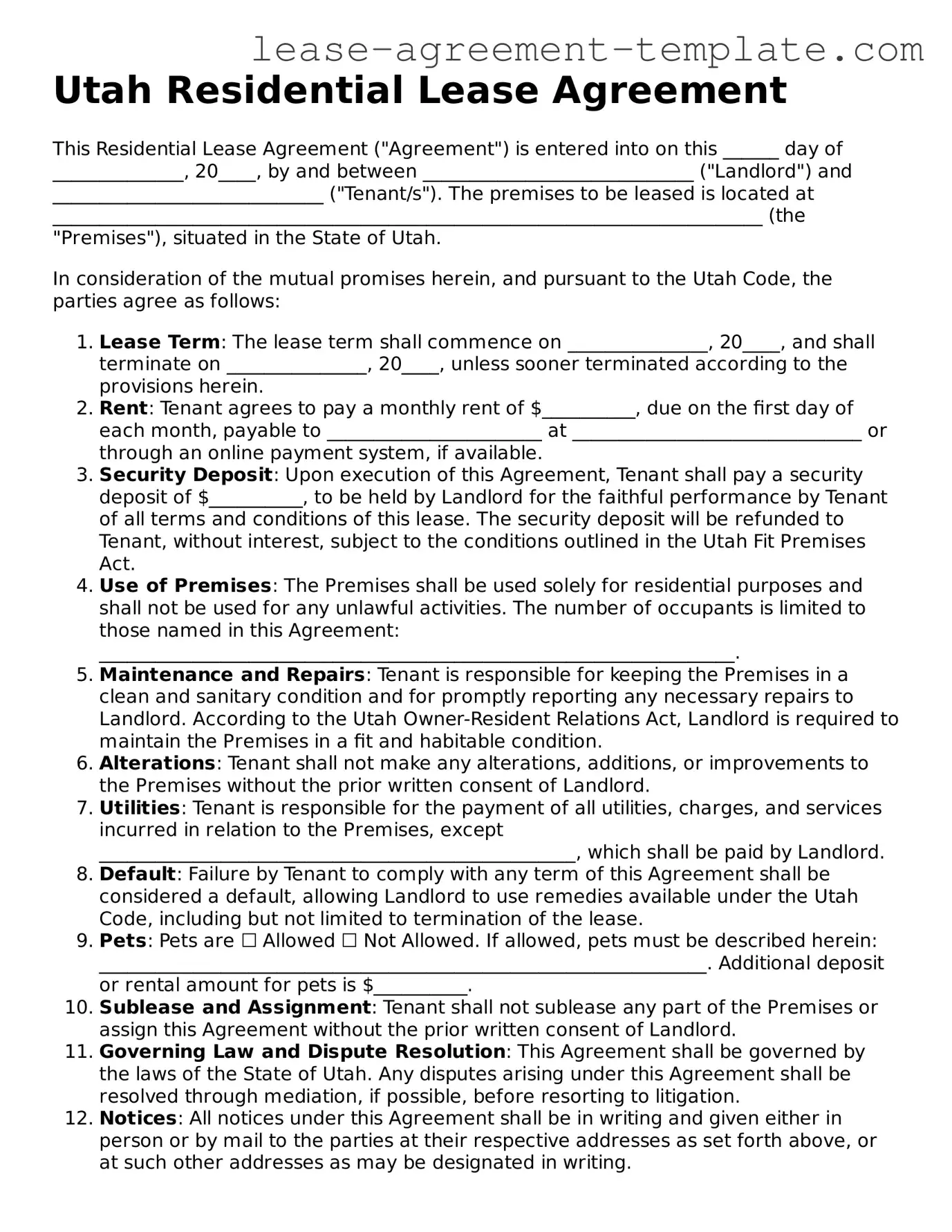 Attorney-Approved Utah Residential Lease Agreement Form