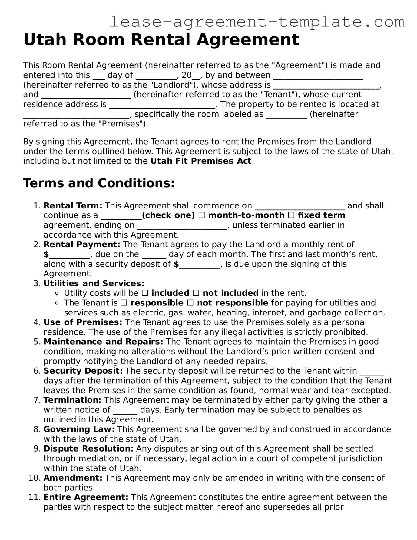 Attorney-Approved Utah Room Rental Agreement Form
