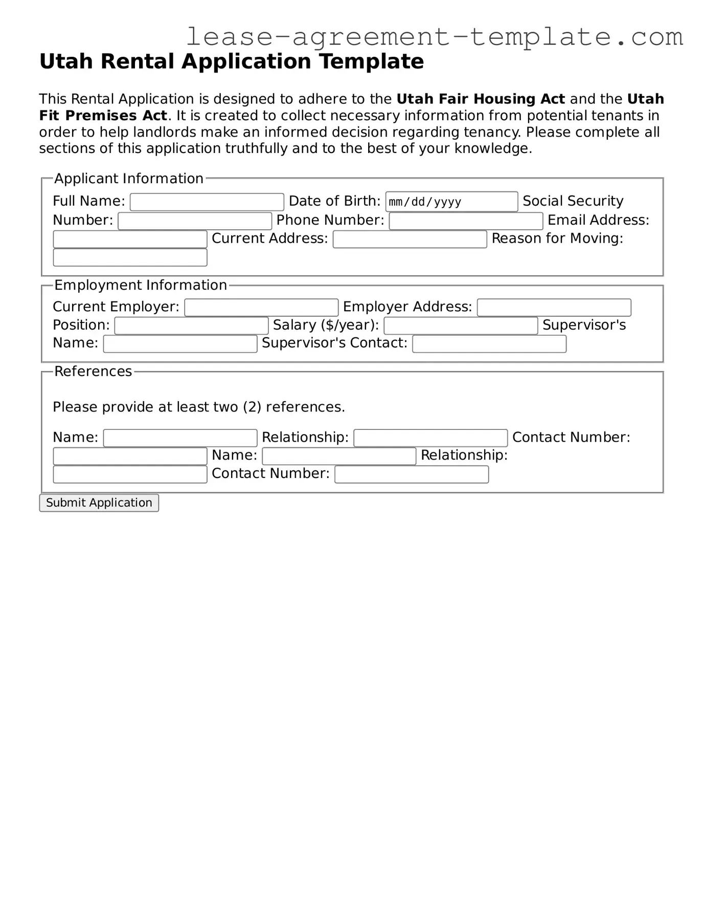 Attorney-Approved Utah Rental Application Form