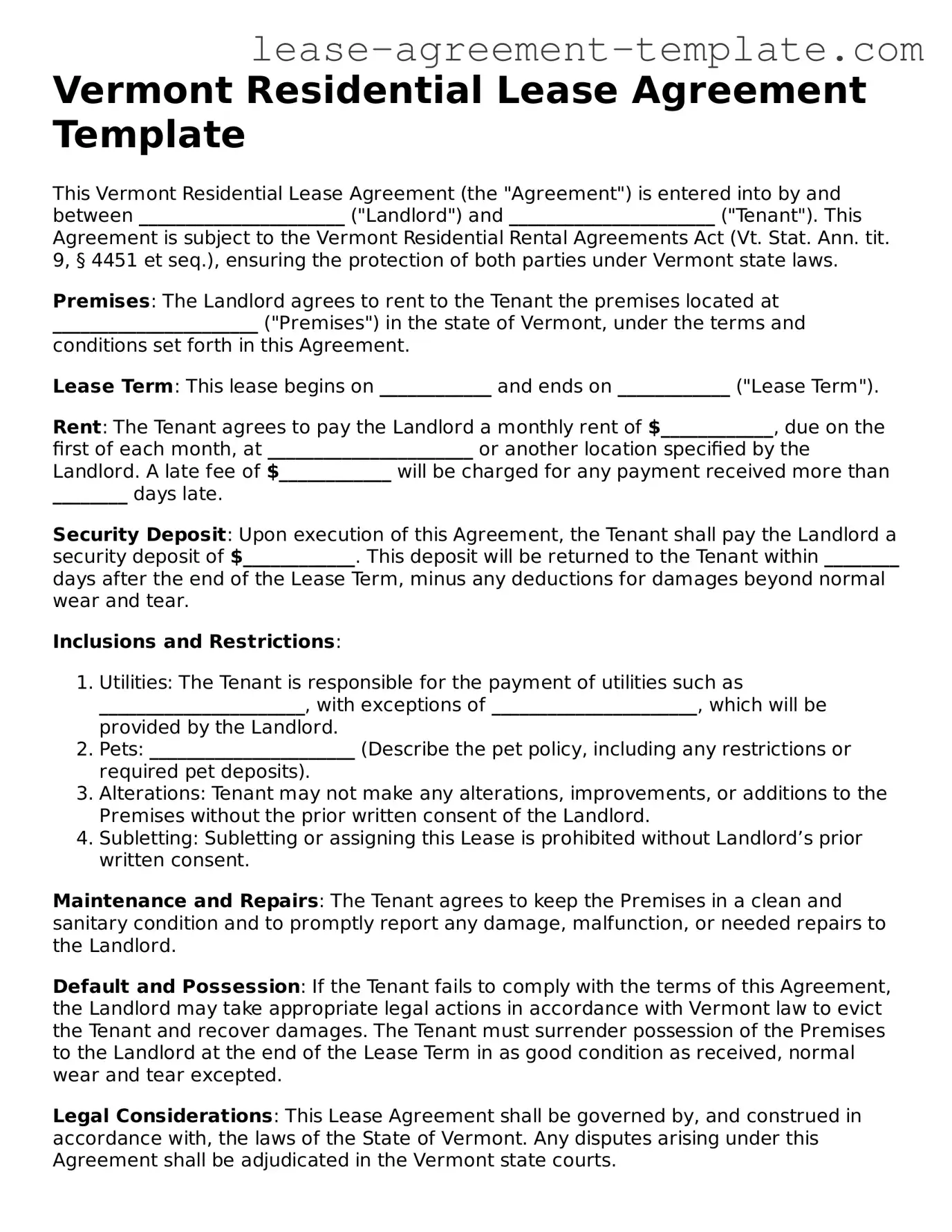 Attorney-Approved Vermont Residential Lease Agreement Form
