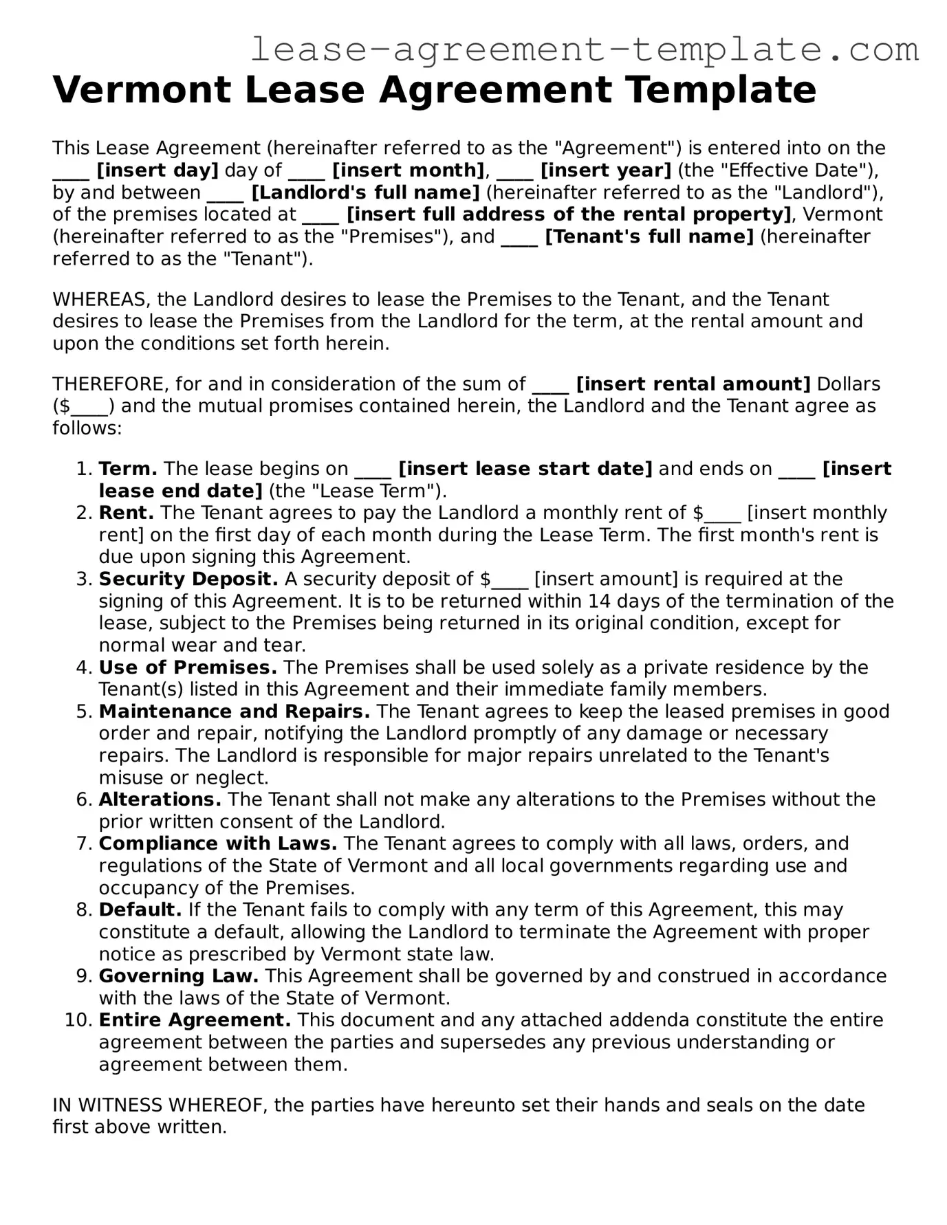 Attorney-Approved Vermont Lease Agreement Form