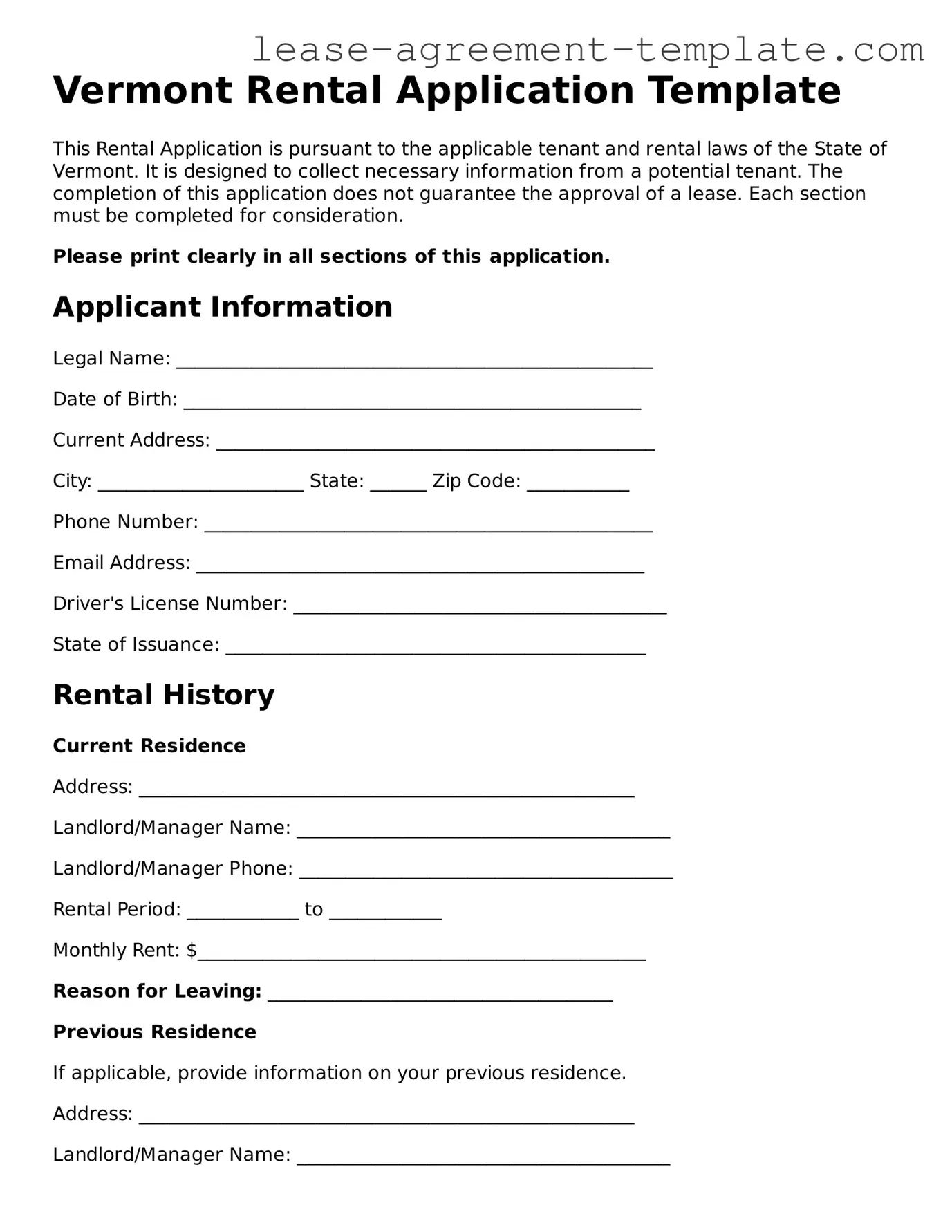 Attorney-Approved Vermont Rental Application Form
