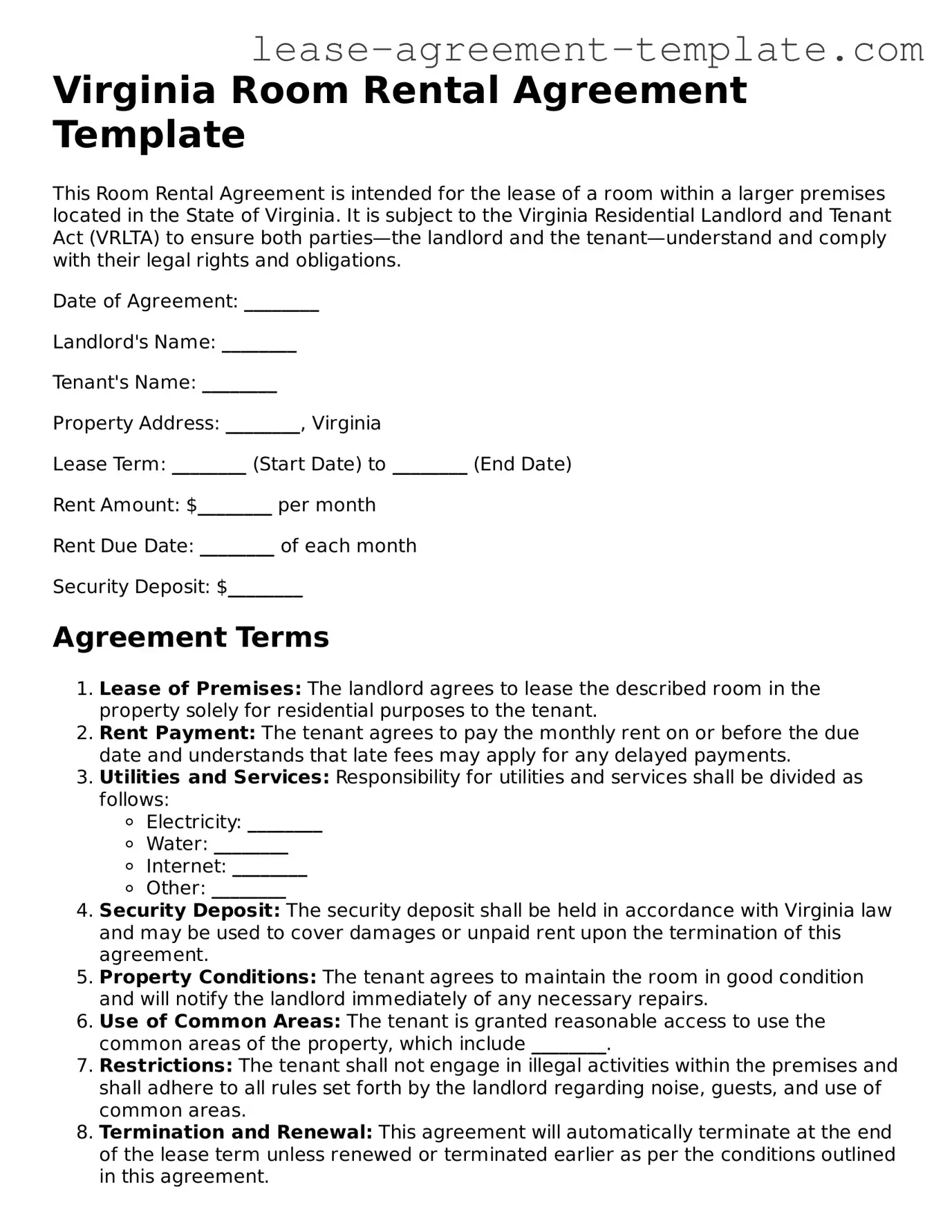 Attorney-Approved Virginia Room Rental Agreement Form
