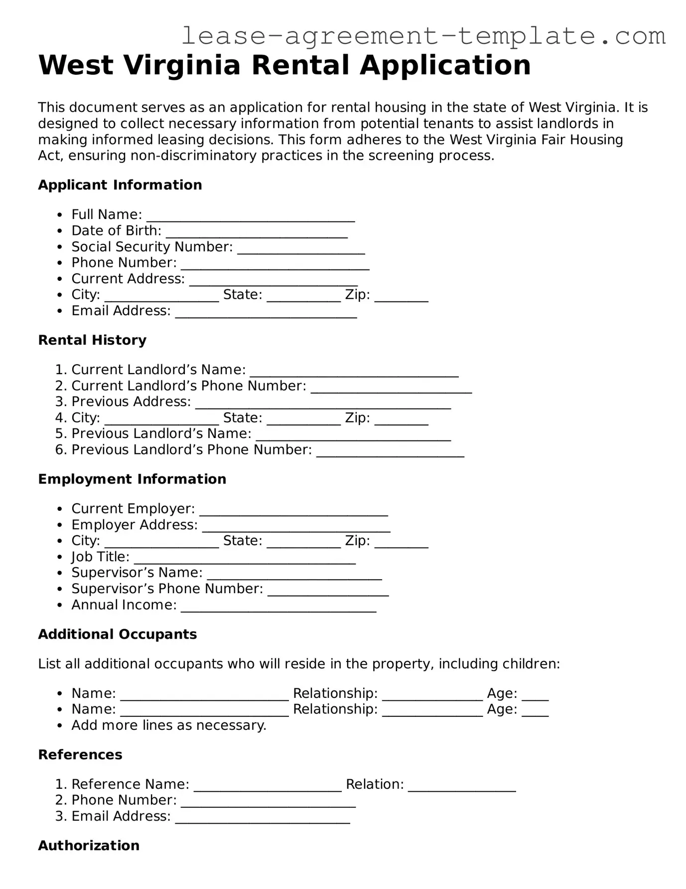 Attorney-Approved West Virginia Rental Application Form